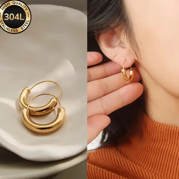 18k Stainless Steel Gold Hoop Earrings 1” - Picture 2 of 4